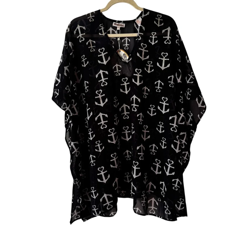NWT‎ Zuécar Navy Anchor Heart Print Sheer Kimono Cover Up Kaftan Top F/S